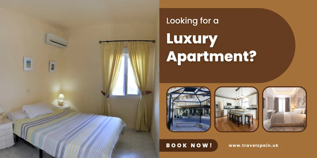 A cosy bedroom with a double bed and yellow curtains is shown on the left. On the right, an advert reads Looking for Holiday Flats In Benalmádena? with photos of modern interiors and a booking website link.