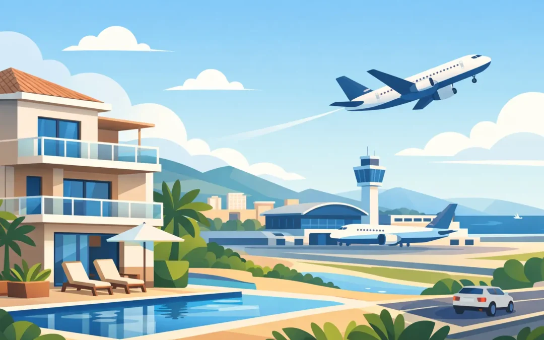 A modern villa with a pool overlooks Malaga airport, where a plane takes off and another is parked. Mountains and city buildings appear in the background under a blue sky with scattered clouds—perfect for a flat near Malaga airport.