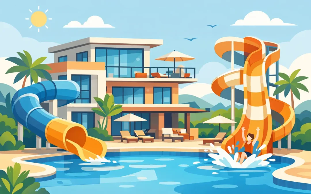 A modern self-catering flat with water slides features large windows overlooking a swimming pool. People are splashing in the water, while sun loungers and parasols on the patio offer relaxation amid palm trees and sunny weather.